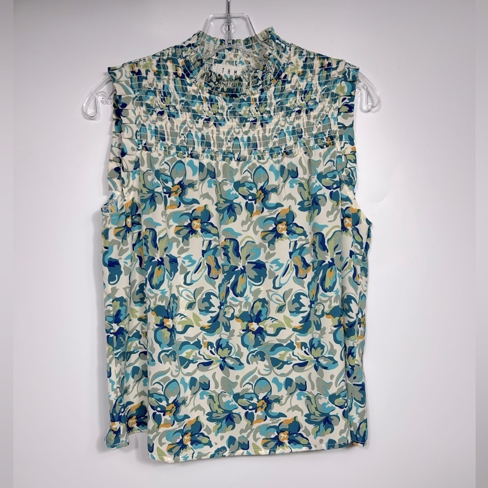 Anthropologie THML: Smocked Ruffle Blouse S Teal Green Floral Print Relaxed Fit
